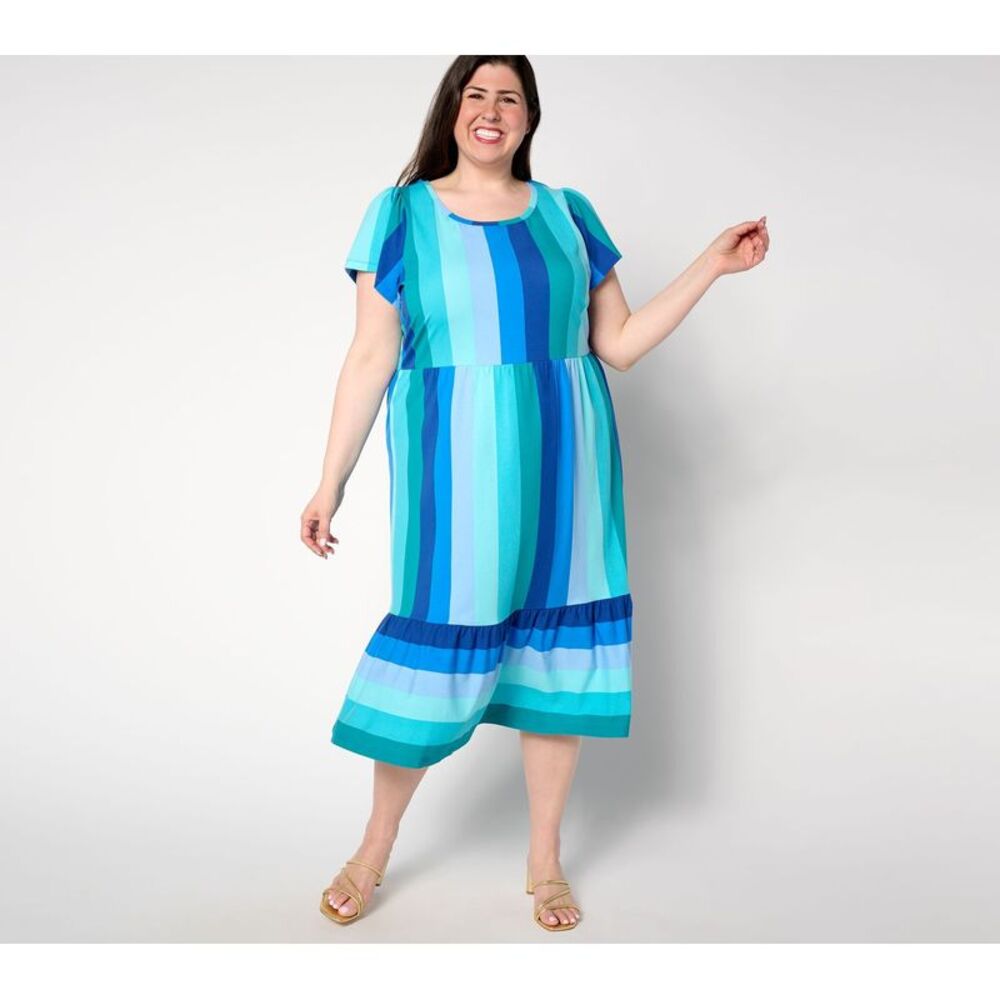 Isaac Mizrahi Live! Women's Dress Sz L Flutter Sleeve Tiered Midi Blue A647884